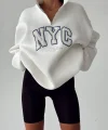 NYC Baskılı Fermuarlı Beyaz Sweatshirt