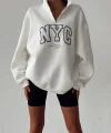 NYC Baskılı Fermuarlı Beyaz Sweatshirt