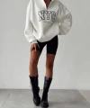 NYC Baskılı Fermuarlı Beyaz Sweatshirt