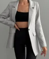 Yün Efekt Kumaş Tek Düğme Gri Blazer Ceket