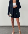 OVERSİZE ÇİZGİLİ POLİVİSKON ETEK CEKET TAKIM LACİVERT