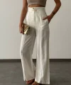 BEL DÜĞMELİ KETEN PANTOLON EKRU