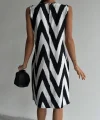 ZİGZAG DESENLİ ÇAN ELBİSE SİYAH BEYAZ