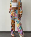 Beli Lastikli Renkli Desenli Pantolon Turuncu