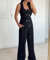 Siyah Taş Düğme Yelek Pantolon Takım