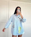 Çizgi Detaylı Baskılı Oversize Gömlek Mavi