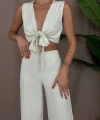 ÖNDEN BAĞLAMALI BLUZ PANTOLON KETEN TAKIM EKRU