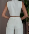 ÖNDEN BAĞLAMALI BLUZ PANTOLON KETEN TAKIM EKRU