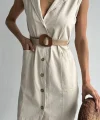 KEMERLİ KOLSUZ KETEN ELBİSE EKRU