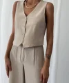 KETEN YELEK PANTOLON TAKIM BEJ