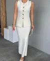 Myra Gold Düğmeli Yelek Etek Takım-Ekru