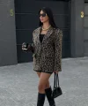 Leopar Desenli Kaşe Blazer Ceket Kahverengi
