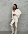 Deri Garnili Beyaz Kürk Ceket