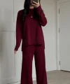 Bisiklet Yaka Yırtmaçlı Kazak Pantolon Triko Takım Bordo