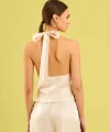 Parlak Boyundan Bağlamalı Yelek - Ekru