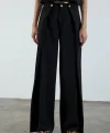 Piliseli Kapak Detay Krep Palazzo Pantolon - Siyah