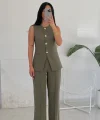 Karma Düğme Yelek Pantolon Takım - Haki
