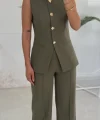 Karma Düğme Yelek Pantolon Takım - Haki