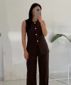 Gold Düğme Yelek Pantolon Takım - Kahve