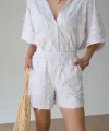 İplik Detay Şort Gömlek Takım-Bej Beyaz