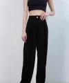 Gold Düğme Pileli Palazzo Pantolon-Siyah