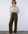 Gold Düğme Pileli Palazzo Pantolon-Haki