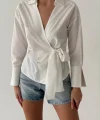 Bağlama Detaylı Kruvaze Bluz Gömlek-Beyaz