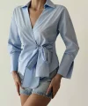 Bağlama Detaylı Kruvaze Bluz Gömlek-Mavi