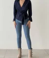 Bağlama Detaylı Kruvaze Bluz Gömlek-Lacivert