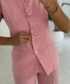 Karma Düğme Keten Yelek Pantolon Takım-Pembe