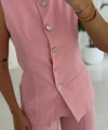Karma Düğme Keten Yelek Pantolon Takım-Pembe