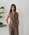 Bağcıklı Sırtı Açık Keten Yelek Pantolon Takım-Vizon