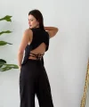 Bağcıklı Sırtı Açık Keten Yelek Pantolon Takım-Siyah
