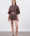 Premium Seri Keten Şort Gömlek Takım-Kahve