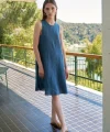 Premium Seri Sıfır Kol Keten Elbise-Mavi