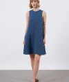Premium Seri Sıfır Kol Keten Elbise-Mavi