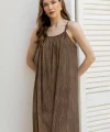 Boncuk Askılı Uzun Elbise-Kahve