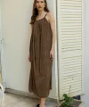 Boncuk Askılı Uzun Elbise-Kahve
