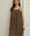 Boncuk Askılı Uzun Elbise-Kahve