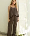 Premium Serisi Askılı Bluz Pantolon Takım-Kahve