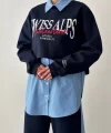 Çizgili Gömlek Garnili Yazı Baskılı Oversize Sweatshirt-Mavi