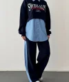 Çizgili Gömlek Garnili Yazı Baskılı Oversize Sweatshirt-Mavi