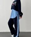 Çizgili Gömlek Garnili Yazı Baskılı Oversize Sweatshirt-Mavi
