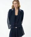 Yazı Şeritli Tek Düğmeli Crop Blazer Ceket Lacivert