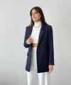 Yün Efekt Tek Düğme Lacivert Blazer Ceket