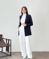 Yün Efekt Tek Düğme Lacivert Blazer Ceket