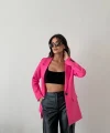 Yün Efekt Tek Düğme Fuşya Blazer Ceket