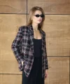 Siyah Kırmızı Kareli Oversize Kruvaze Şanel Ceket