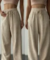 Beli Lastikli Kadife Pantolon-Krem