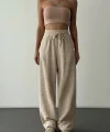 Beli Lastikli Kadife Pantolon-Krem